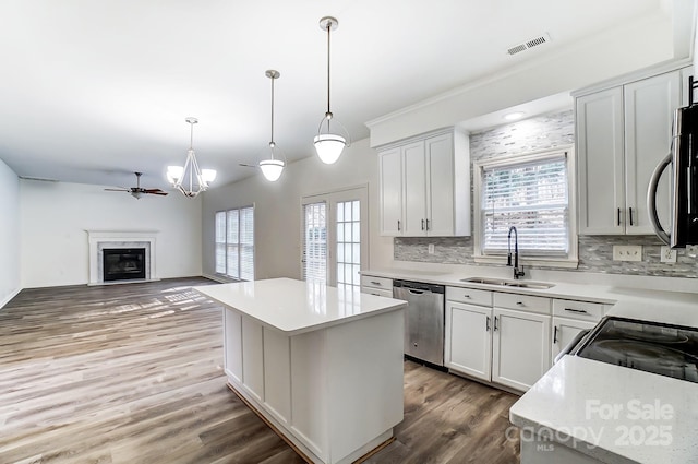 10434 Henbane Ct, Charlotte, NC 28213 - kitchen featuring visible vents, a ceiling fan, a sink, appliances with stainless steel finishes, and light countertops