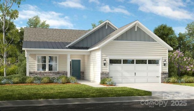 411 Sunharvest Ln, Indian Trail, NC 28079 - craftsman inspired home with driveway, stone siding, board and batten siding, a front yard, and a garage