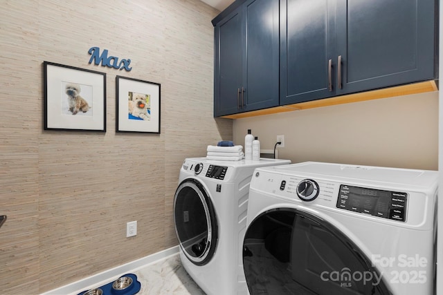 411 Sunharvest Ln, Indian Trail, NC 28079 - clothes washing area featuring cabinet space, independent washer and dryer, and baseboards