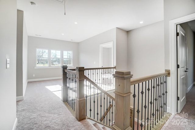 522 Fern Hill Rd Unit 17, Mooresville, NC 28117 - hall featuring baseboards, an upstairs landing, carpet, recessed lighting, and attic access