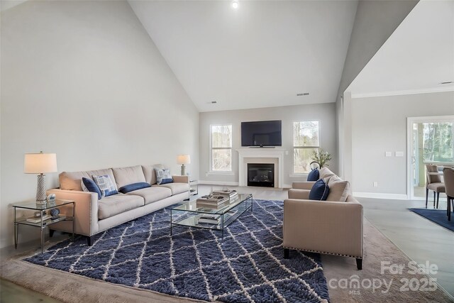 522 Fern Hill Rd Unit 17, Mooresville, NC 28117 - living room with high vaulted ceiling, baseboards, a glass covered fireplace, and visible vents