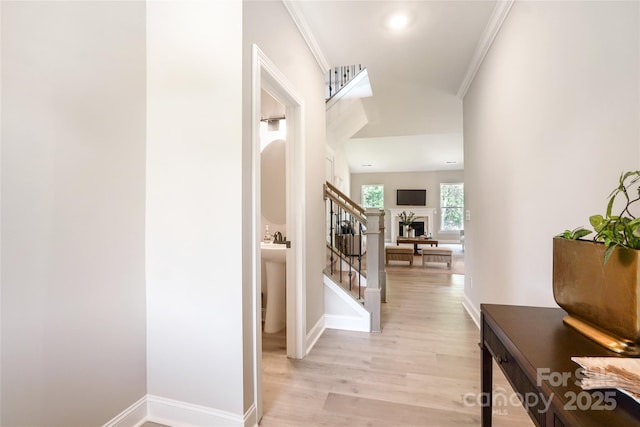 522 Fern Hill Rd Unit 17, Mooresville, NC 28117 - corridor featuring light wood-type flooring, stairway, ornamental molding, and recessed lighting
