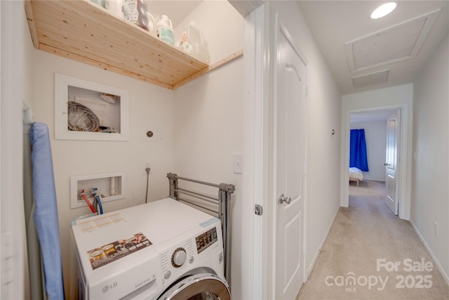 746 Elders Story Rd, Fort Mill, SC 29708 - clothes washing area with attic access, baseboards, washer / dryer, laundry area, and light colored carpet