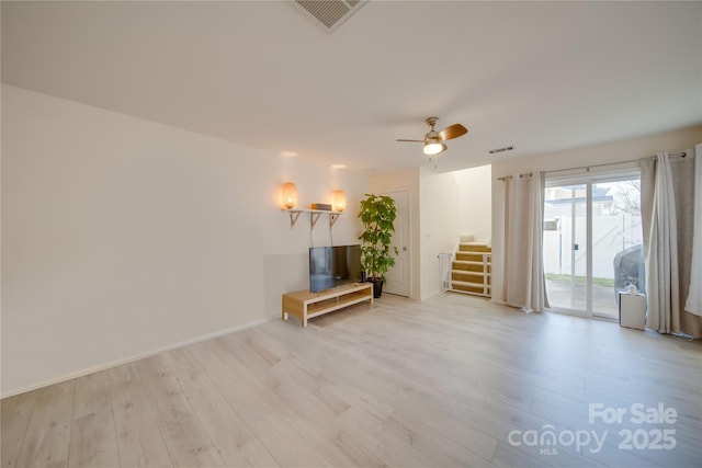 746 Elders Story Rd, Fort Mill, SC 29708 - unfurnished living room featuring stairway, ceiling fan, light wood-type flooring, and visible vents