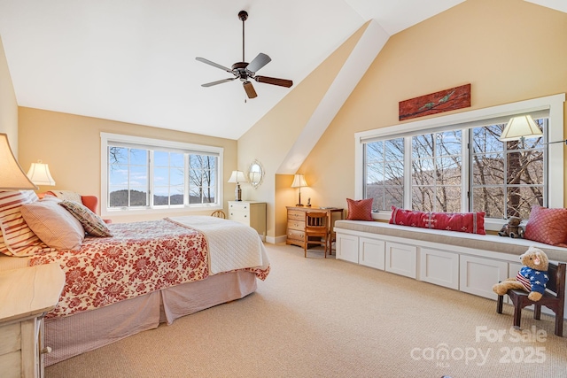 315 Jocassee Trl, Sapphire, NC 28774 - bedroom with high vaulted ceiling, light colored carpet, and ceiling fan