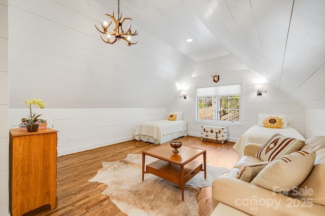 315 Jocassee Trl, Sapphire, NC 28774 - bedroom with a chandelier, baseboards, lofted ceiling, and wood finished floors