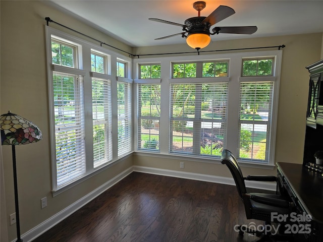 1112 Avalon Pl, Stallings, NC 28104 - unfurnished office with ceiling fan, baseboards, and dark wood-style flooring