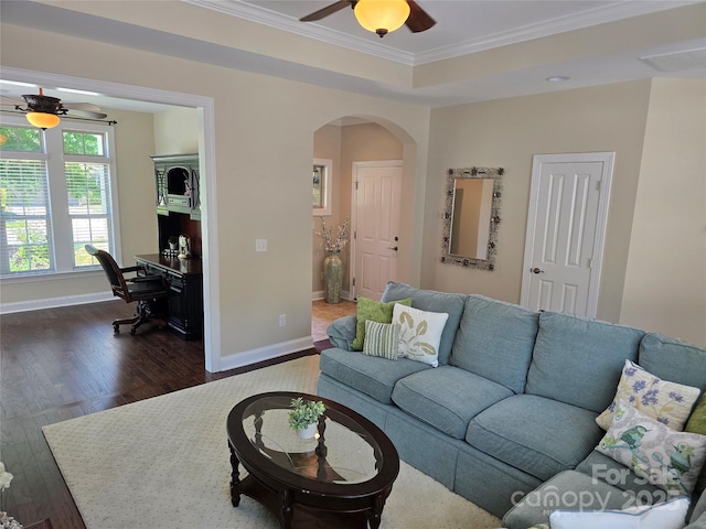 1112 Avalon Pl, Stallings, NC 28104 - living room with a ceiling fan, arched walkways, ornamental molding, and dark wood finished floors