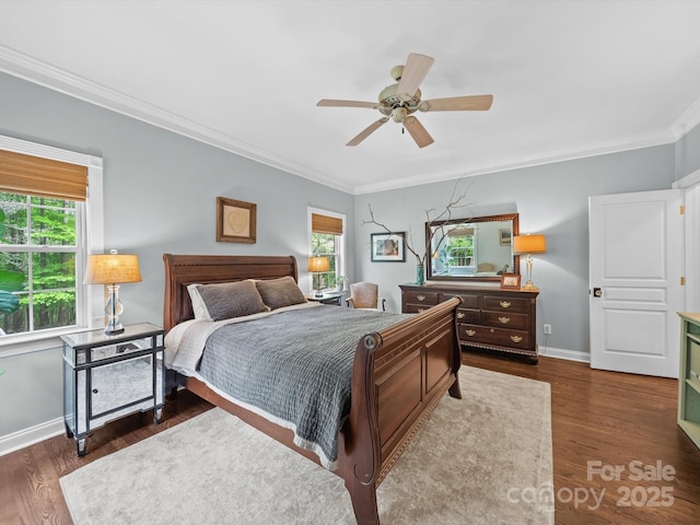 bedroom with a ceiling fan, baseboards, ornamental molding, and wood finished floors