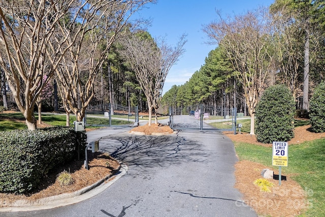 view of road with a gated entry, a gate, and curbs