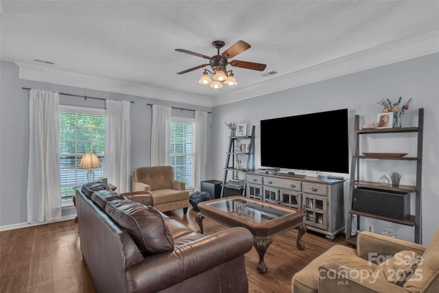 1017 Chalk Hill Ln, Charlotte, NC 28214 - living area with a ceiling fan, wood finished floors, crown molding, and a textured ceiling