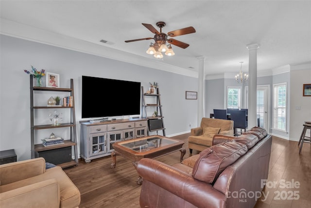 1017 Chalk Hill Ln, Charlotte, NC 28214 - living area featuring ornamental molding, a ceiling fan, wood finished floors, decorative columns, and baseboards