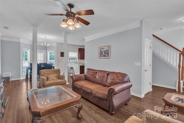 1017 Chalk Hill Ln, Charlotte, NC 28214 - living room with a ceiling fan, ornate columns, ornamental molding, wood finished floors, and stairway