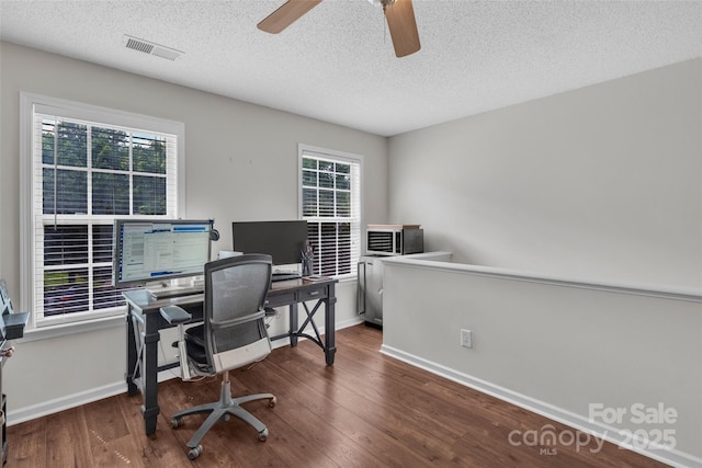 1017 Chalk Hill Ln, Charlotte, NC 28214 - office space featuring a ceiling fan, wood finished floors, plenty of natural light, a textured ceiling, and baseboards