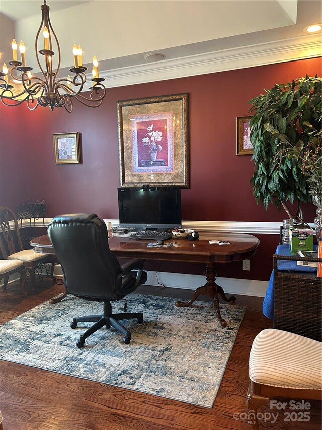 1308 Moonshadow Ln, Shelby, NC 28150 - office area featuring wood finished floors, a chandelier, and ornamental molding