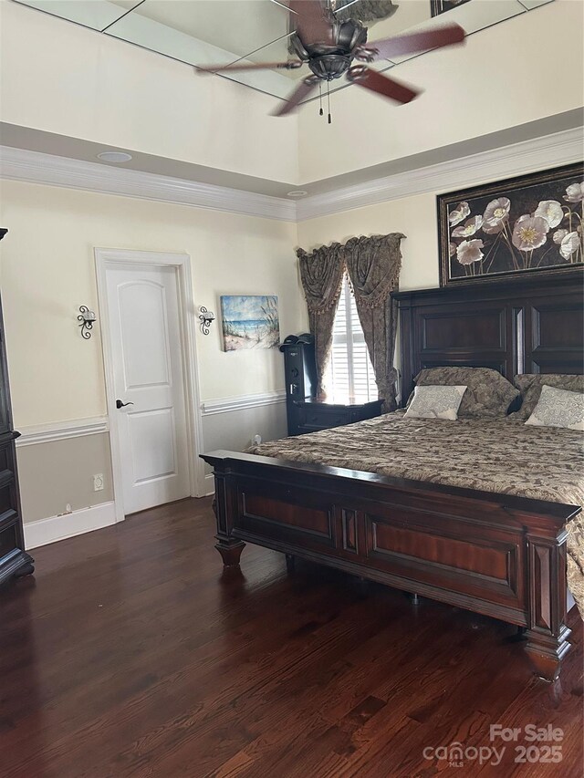 1308 Moonshadow Ln, Shelby, NC 28150 - bedroom with a ceiling fan, ornamental molding, and dark wood-style flooring