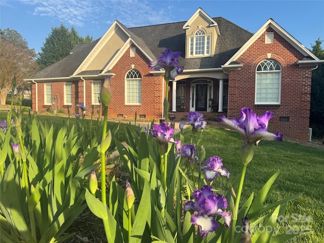 1308 Moonshadow Ln, Shelby, NC 28150 - view of front of property featuring crawl space, brick siding, a front yard, and a shingled roof