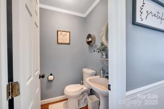 bathroom with a sink, baseboards, toilet, and crown molding