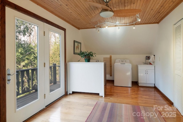 1506 Lynn Rd, Columbus, NC 28722 - laundry area with cabinet space, wood ceiling, rail lighting, a ceiling fan, and light wood-type flooring