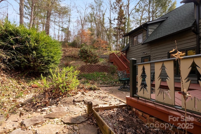 1506 Lynn Rd, Columbus, NC 28722 - view of yard featuring stairway and a wooden deck