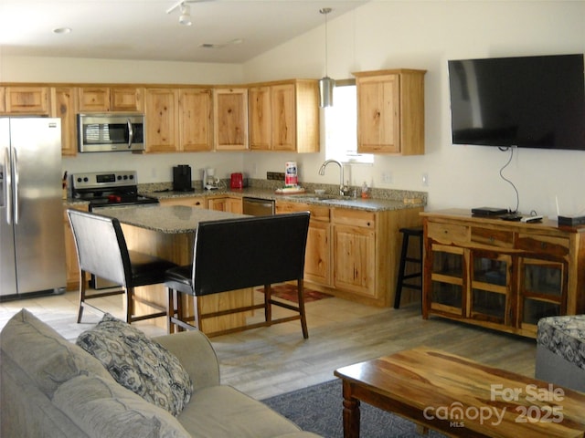 992 Hornet Dr, Whittier, NC 28789 - kitchen with a sink, light brown cabinetry, appliances with stainless steel finishes, light wood-type flooring, and lofted ceiling