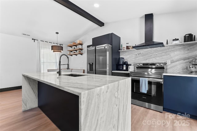 5501 Joyce Dr, Charlotte, NC 28215 - kitchen with stainless steel appliances, wall chimney exhaust hood, open shelves, and a sink