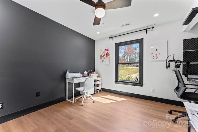 5501 Joyce Dr, Charlotte, NC 28215 - office featuring wood finished floors, a ceiling fan, recessed lighting, and baseboards