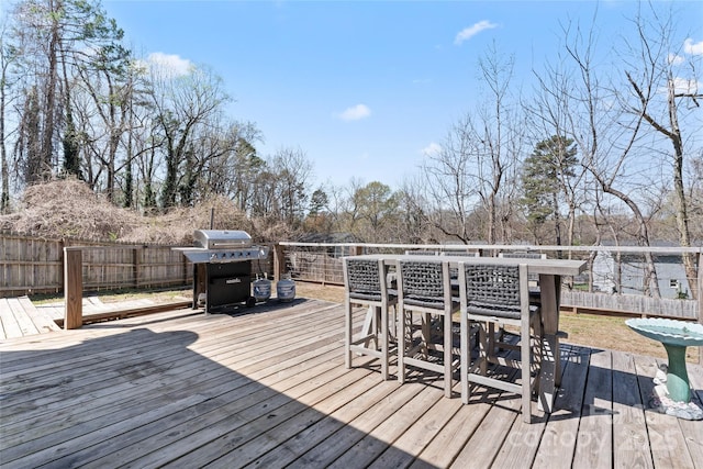 5501 Joyce Dr, Charlotte, NC 28215 - wooden terrace featuring a fenced backyard, area for grilling, and outdoor dining space