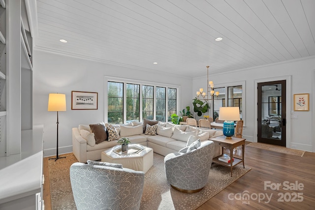 19117 Davidson Concord Rd, Davidson, NC 28036 - living area featuring a chandelier, ornamental molding, wood finished floors, baseboards, and recessed lighting
