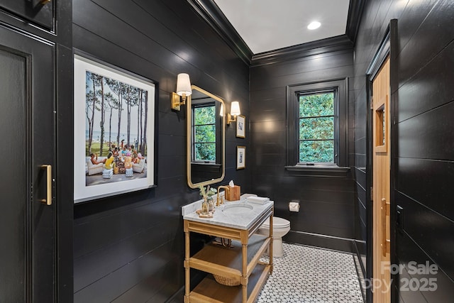 19117 Davidson Concord Rd, Davidson, NC 28036 - half bathroom featuring ornamental molding, vanity, and toilet