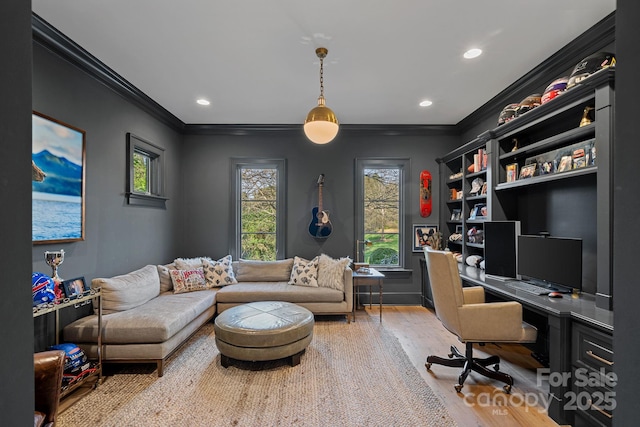 19117 Davidson Concord Rd, Davidson, NC 28036 - office area with crown molding, wood finished floors, built in desk, and recessed lighting