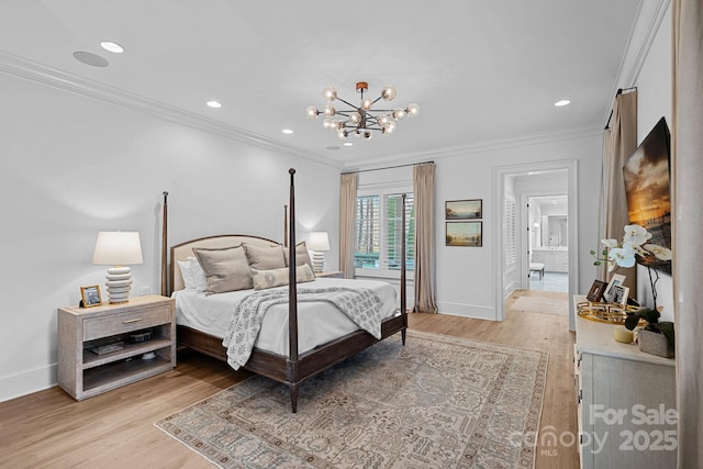 19117 Davidson Concord Rd, Davidson, NC 28036 - bedroom with a chandelier, crown molding, light wood-style floors, baseboards, and recessed lighting
