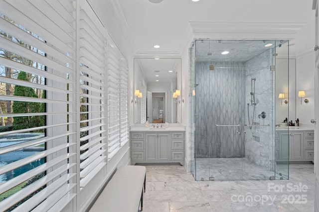 19117 Davidson Concord Rd, Davidson, NC 28036 - full bath with marble tiled flooring, ornamental molding, a shower stall, vanity, and recessed lighting