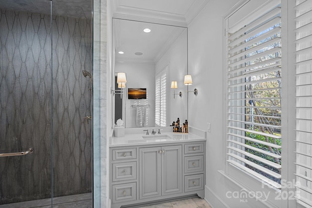 19117 Davidson Concord Rd, Davidson, NC 28036 - bathroom featuring ornamental molding, vanity, a shower stall, marble look tiles, and recessed lighting