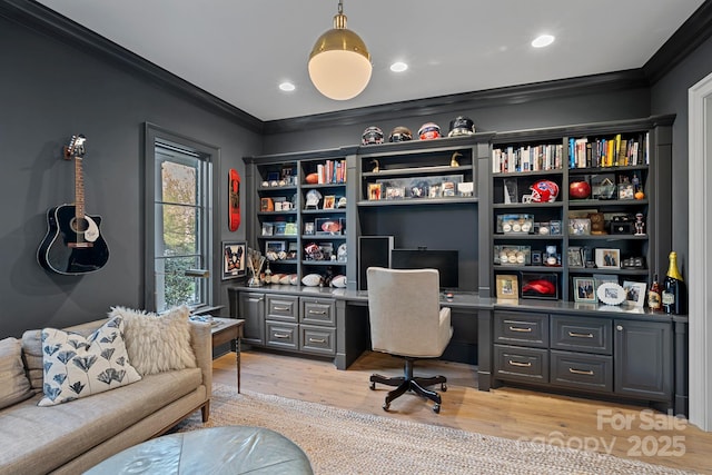 19117 Davidson Concord Rd, Davidson, NC 28036 - office featuring ornamental molding, built in study area, light wood-type flooring, and recessed lighting