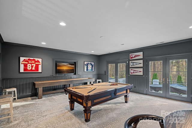 19117 Davidson Concord Rd, Davidson, NC 28036 - rec room featuring french doors, ornamental molding, a wainscoted wall, billiards table, and recessed lighting