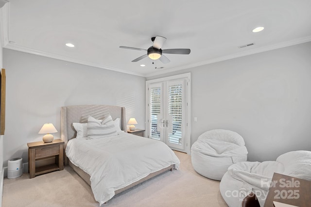 19117 Davidson Concord Rd, Davidson, NC 28036 - bedroom featuring access to exterior, recessed lighting, carpet, ornamental molding, and a ceiling fan