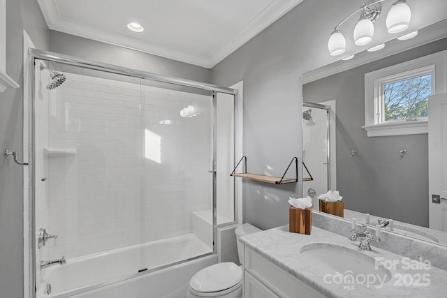 19117 Davidson Concord Rd, Davidson, NC 28036 - bathroom with vanity, bath / shower combo with glass door, toilet, ornamental molding, and recessed lighting
