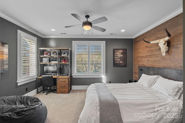 19117 Davidson Concord Rd, Davidson, NC 28036 - bedroom with light carpet, baseboards, ornamental molding, a desk, and recessed lighting