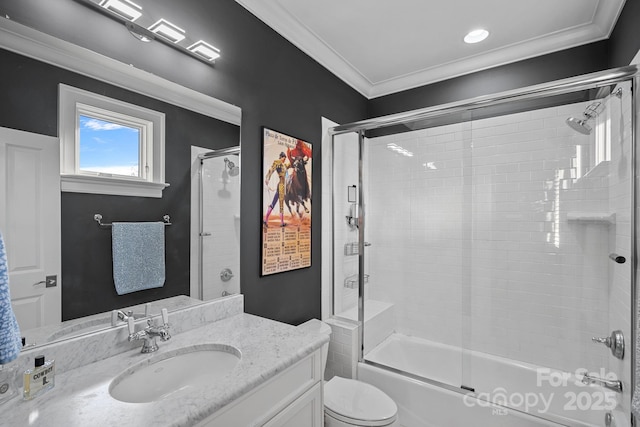 19117 Davidson Concord Rd, Davidson, NC 28036 - bathroom featuring vanity, toilet, combined bath / shower with glass door, and ornamental molding