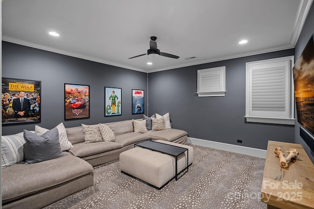 19117 Davidson Concord Rd, Davidson, NC 28036 - cinema featuring recessed lighting, crown molding, a ceiling fan, carpet floors, and baseboards