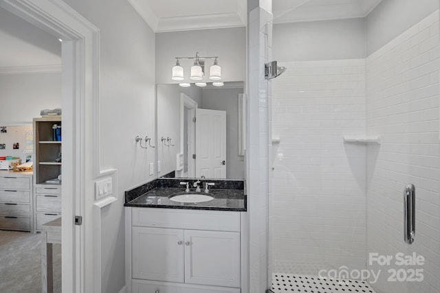 19117 Davidson Concord Rd, Davidson, NC 28036 - bathroom featuring crown molding, a stall shower, and vanity