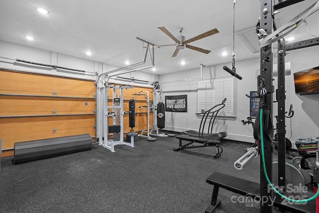 19117 Davidson Concord Rd, Davidson, NC 28036 - workout room featuring a ceiling fan, recessed lighting, and a garage