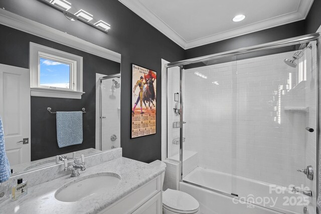 19117 Davidson Concord Rd, Davidson, NC 28036 - bathroom with vanity, toilet, shower / bath combination with glass door, and crown molding