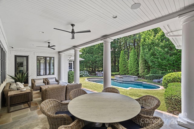 19117 Davidson Concord Rd, Davidson, NC 28036 - view of patio / terrace featuring outdoor lounge area, ceiling fan, and a pool with connected hot tub