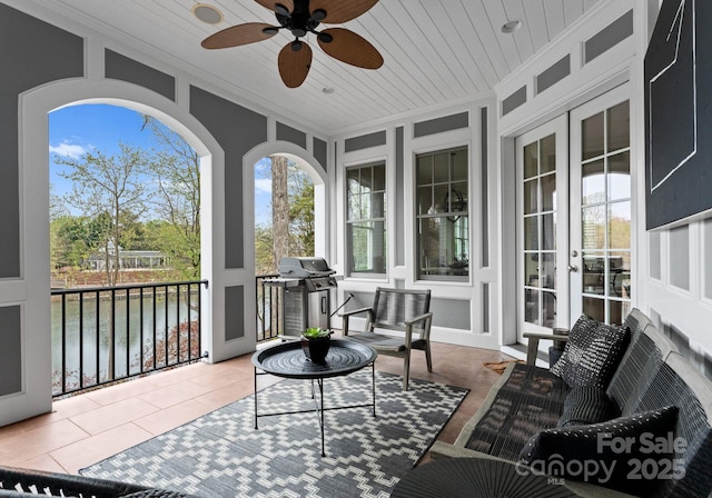 21311 Baltic Dr, Cornelius, NC 28031 - sunroom / solarium with a water view, ornamental molding, wooden ceiling, and a healthy amount of sunlight