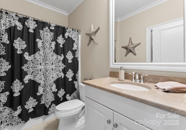 21311 Baltic Dr, Cornelius, NC 28031 - full bathroom featuring crown molding, toilet, vanity, and a shower with curtain