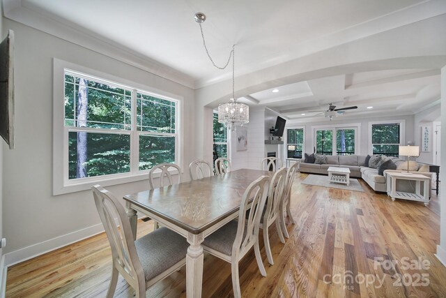 463 Lake Wylie Rd, Belmont, NC 28012 - dining area with a chandelier, light wood-style floors, healthy amount of natural light, a ceiling fan, and recessed lighting