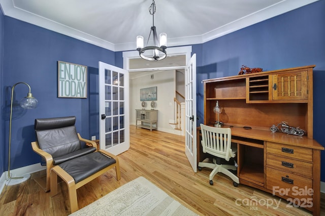 463 Lake Wylie Rd, Belmont, NC 28012 - home office featuring french doors, ornamental molding, light wood-style floors, and a chandelier