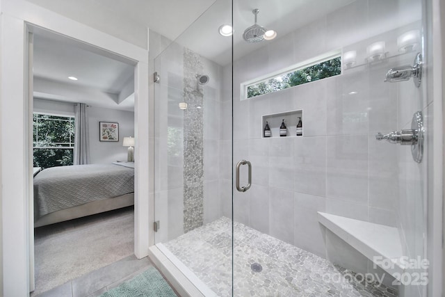 463 Lake Wylie Rd, Belmont, NC 28012 - full bath featuring ensuite bathroom, a shower stall, tile patterned floors, and recessed lighting